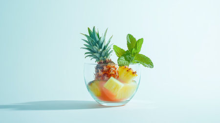A refreshing cup filled with vibrant tropical fruits, including pineapple and mint. Perfect for summer, this healthy and colorful smoothie-inspired snack is visually enticing.の素材