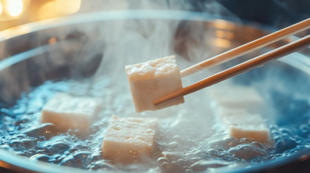 Experience the dramatic steam rising from a Shabu cooking process, showcasing tofu being lifted with chopsticks above the bubbling broth, inviting warmth and flavor.の素材
