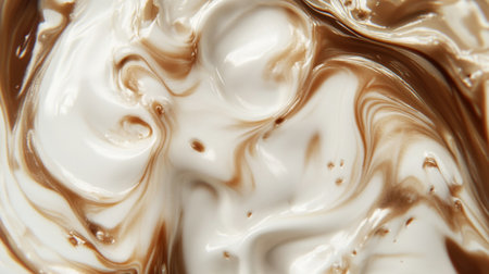 This close-up image showcases swirling iced coconut coffee with a rich, creamy texture. Perfect for food and beverage photography.の素材