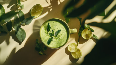A creamy avocado smoothie served in a green cup, surrounded by fresh lime slices and lush leaves. Perfect for a nutritious breakfast or a refreshing drink.の素材