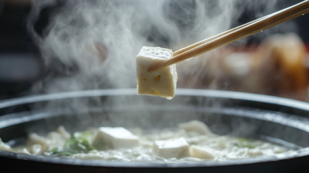 A dramatic shot of steam rising from a hot Shabu dish, highlighting the rich ingredients like tofu and vegetables, creating an inviting and flavorful dining experience.の素材