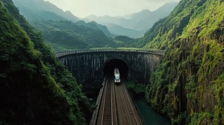 A dramatic view of a high-speed train entering a mountain tunnel, surrounded by lush greenery and towering hills, showcasing the blend of nature and technology.の素材