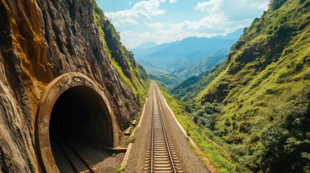 A dramatic view of a high-speed train entering a mountain tunnel, surrounded by lush greenery and stunning landscapes. Ideal for travel enthusiasts and nature lovers.の素材