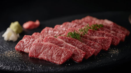 A stunning presentation of thinly sliced wagyu beef on a sleek plate, ideal for sushi. Perfect for gourmet dining and food photography enthusiasts.の素材