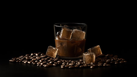 This striking image features dark iced coffee served in a glass, surrounded by coffee beans. The contrast of colors and textures creates a dramatic and sophisticated atmosphere, perfect for coffee lovers.の素材