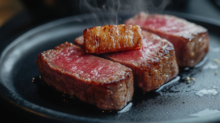 Gorgeous close-up of perfectly cooked wagyu steak, showcasing its marbling and tenderness. Ideal for culinary and gourmet-themed projects.の素材