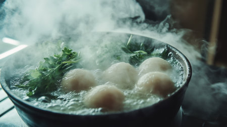 A closeup of fresh ingredients simmering in a steaming pot, highlighting the vibrant herbs and inviting texture, perfect for culinary enthusiasts.の素材