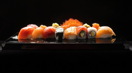 An elegant display of assorted sushi rolls and nigiri showcasing vibrant colors and textures on a sleek black serving tray, perfect for any dining occasion.の素材