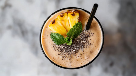 A high angle shot of a tropical smoothie featuring fresh pineapple, mint, and chia seeds, creating a refreshing and vibrant beverage perfect for summer.の素材