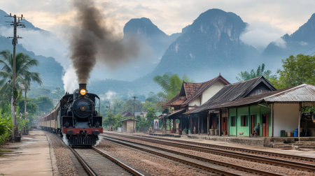 A vintage steam train departs from a tranquil station, surrounded by lush mountains and a serene landscape, capturing the essence of travel and exploration.の素材