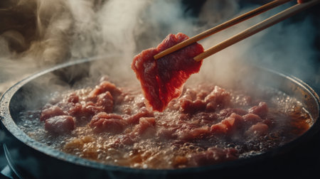Capture the essence of culinary art with this close-up shot of thin beef held by chopsticks, surrounded by steaming flavors in a sizzling pot.の素材