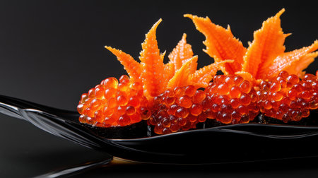 Discover a luxurious sushi set featuring vibrant uni and sea urchin on a sleek black plate. Perfect for gourmet dining and showcasing culinary art.の素材
