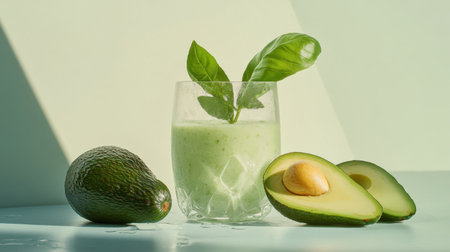 A refreshing avocado smoothie presented in a clear glass, highlighting healthy ingredients like basil and ripe avocado. Perfect for summer vibes.の素材