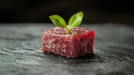 A stunning piece of creamy wagyu sushi nigiri presented on a sleek slate surface. This gourmet delicacy showcases the luxurious flavors and textures of Japanese cuisine.の素材