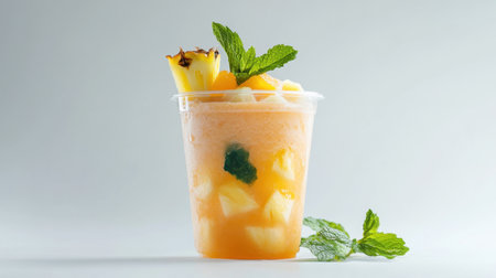 A minimalist composition featuring a refreshing tropical drink with fruit and mint. Perfect for summer and capturing vibrant, healthy beverage vibes.の素材