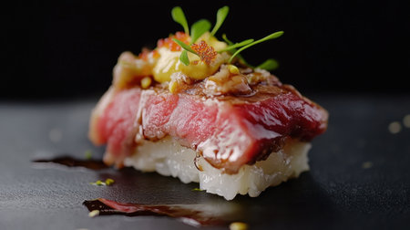 Indulge in a gourmet piece of wagyu sushi, beautifully topped with fresh, marbled ingredients, capturing a unique blend of flavor and texture for a luxurious culinary experience.の素材