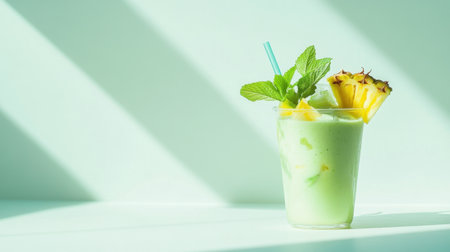 A refreshing tropical smoothie featuring mint and pineapple, showcasing vibrant colors in a minimalist composition that emphasizes health and relaxation. Ideal for summer themes.の素材