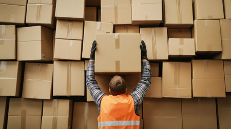A man wearing a safety vest and gloves lifts a box in a warehouse. The scene showcases the physical effort involved in logistics and inventory management.の素材