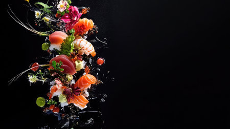 Discover a visually stunning display of premium sushi and sashimi presented with vibrant flowers and fresh ingredients, perfect for gourmet dining experiences.の素材