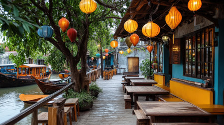 Discover a picturesque riverside cafe in Hoi An, adorned with vibrant lanterns and surrounded by lush greenery, perfect for tranquil moments and scenic views.の素材