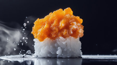 A captivating presentation of fresh sushi featuring uni, showcasing high contrast and vibrant colors. Perfect for culinary art and food photography.の素材
