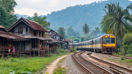 A vibrant high-speed train navigates through the picturesque rural landscape of Laos, showcasing the harmony between modern transport and traditional homes.の素材