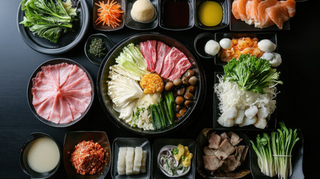 A modern Japanese restaurant interior showcasing a vibrant assortment of Shabu ingredients, creating an inviting dining experience focused on fresh flavors and culinary culture.の素材