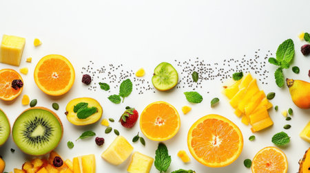 Brightly colored tropical fruits arranged elegantly on a white background, perfect for smoothie preparation. Ideal for healthy lifestyle and culinary inspiration.の素材