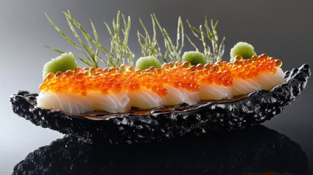 Indulge in a luxurious sushi set featuring delicate uni and vibrant sea urchin, beautifully presented with fresh garnishes for an unforgettable culinary experience.の素材