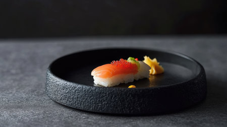 A stunning minimalist arrangement of sushi on a black ceramic plate. This elegant presentation highlights the vibrant colors and fresh ingredients, perfect for diners and food enthusiasts.の素材