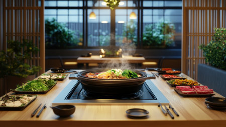 A modern and sleek dining table elegantly set for Shabu Shabu, featuring an array of fresh ingredients. Ideal for showcasing contemporary dining experiences and culinary delights.の素材