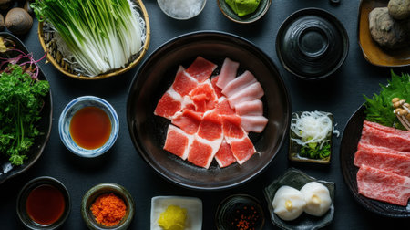 Explore a modern Japanese Shabu restaurant interior showcasing elegant dining with fresh ingredients, creating a harmonious culinary experience.の素材