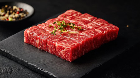 Experience the indulgence of luxurious wagyu sushi, beautifully presented with sear marks. This high-quality beef showcases rich marbling, perfect for gourmet dishes.の素材