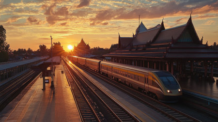 Enjoy a tranquil morning view of Vientiane Station as sunrise illuminates the scene, highlighting the architecture and the tranquil railway tracks.の素材