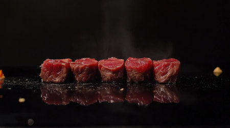 Experience an elegant presentation of wagyu sushi featuring perfectly sliced pieces. This gourmet dish showcases quality and craftsmanship in a stylish setting.の素材
