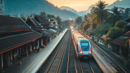 A sleek, modern train glides into a tranquil station at sunrise, framed by lush mountains, offering a beautiful travel scene and peaceful atmosphere.の素材