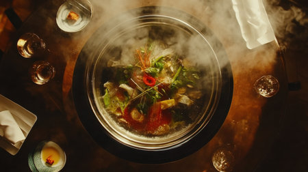 Experience a cozy top down view of a Shabu Shabu meal, showcasing fresh ingredients and aromatic steam. Ideal for food lovers and dining enthusiasts.の素材