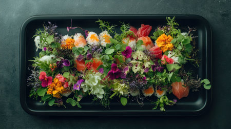 A stunning sushi platter artfully arranged with vibrant garnishes, microgreens, and edible flowers, showcasing a delightful culinary experience perfect for any special occasion.の素材