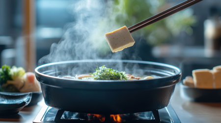 Experience a steaming hotpot of Shabu-Shabu in a modern dining setting. Perfect for social gatherings, this dish showcases fresh ingredients and vibrant flavors.の素材
