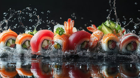 A striking array of vibrant sushi maki rolls showcased with a dynamic water splash. Perfect for illustrating fresh cuisine and gourmet dining experiences.の素材