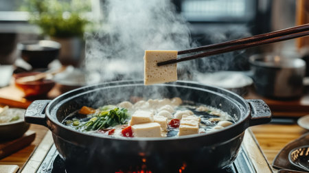 Enjoy a steaming hotpot of Shabu Shabu featuring fresh tofu and vibrant vegetables. Perfect for social dining, this modern culinary experience warms the soul.の素材