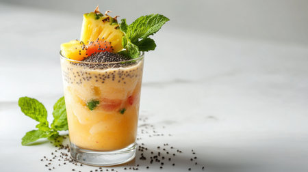 An appetizing tropical smoothie topped with chia seeds, mint, and fresh pineapple, perfect for a refreshing treat on a sunny day. Enjoy its vibrant look!の素材