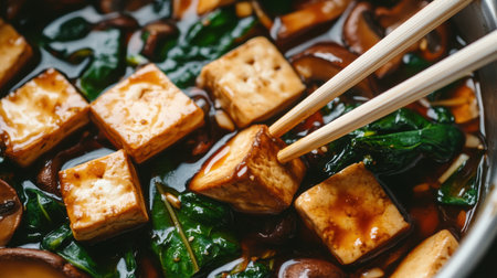 A vibrant close-up image showcasing tofu, mushrooms, and fresh greens in a savory sauce. Perfect for healthy cooking ideas and delicious meal inspirations.の素材
