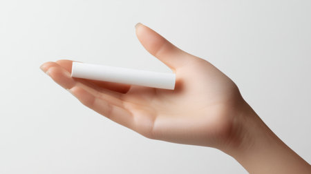 A close-up of a woman's hand gracefully showcasing a white cosmetic tube, perfect for beauty and skincare product representations, on a minimal background.の素材