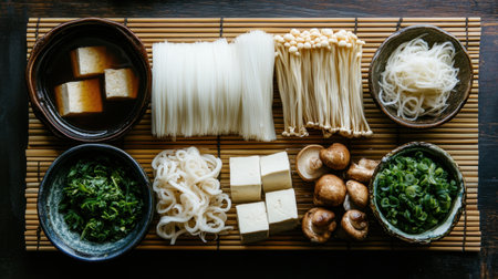 A beautifully arranged spread of traditional Japanese Shabu Shabu ingredients, showcasing fresh vegetables, tofu, and noodles perfect for a healthy meal.の素材