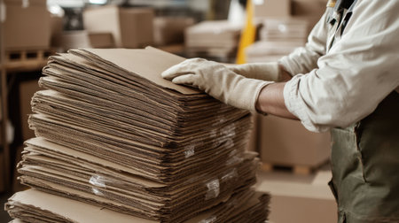 A dedicated worker carefully lifts a stack of folded cards while wearing gloves. This image captures the essence of manual labor in a warehouse environment, emphasizing safety and efficiency.の素材