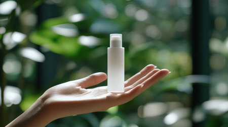 A woman's hand gracefully presents a white plastic cosmetic bottle against a lush green background, evoking a sense of beauty and tranquility. Perfect for skincare and wellness-themed projects.の素材