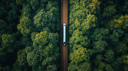 This captivating aerial image showcases a high-speed train traveling through lush greenery. The scene highlights the blend of nature and modern transportation in a dynamic landscape.の素材