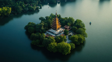 Discover the majestic Tran Quoc Pagoda in Hanoi, a stunning example of Vietnamese architecture surrounded by serene waters and lush greenery. Perfect for travel photography.の素材