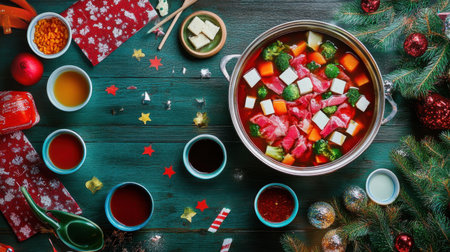 A vibrant hotpot featuring fresh ingredients in a simmering broth. Perfect for festive gatherings, this colorful meal showcases culinary traditions and flavors.の素材